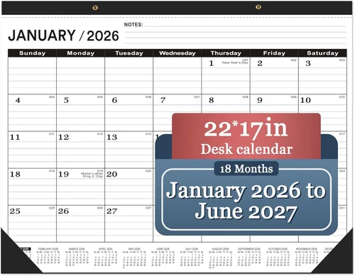 Calendario de escritorio 2026 (enero de 2026 a junio de 2027), calendario de escritorio 2026 grande de 22 x 17, calendario 2026, negro clásico,