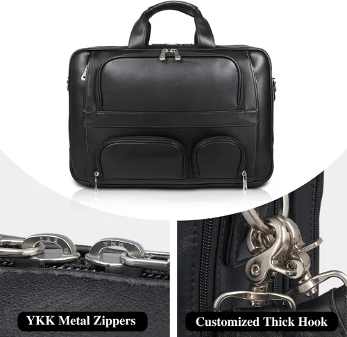 Miniatura 3 de Maletín de cuero de vaca superior para hombres, 17.3 pulgadas, maletín para computadora portátil con cremalleras de metal YKK, apto para viaje