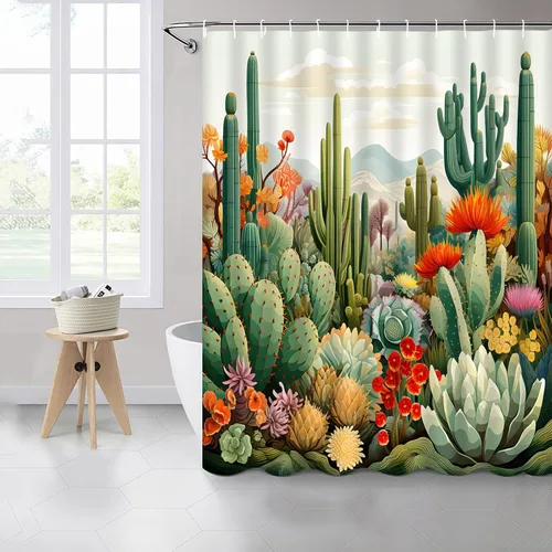Miniatura 3 de Cortinas de ducha de cactus con plantas tropicales y flores, flores suculentas, desierto, montaña, paisaje, decoración de baño, cortinas de tela