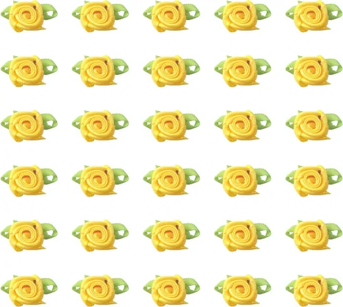 Miniatura 11 de 50 piezas de rosas de satén con hojas verdes, lazos de cinta mini lindos, suministros de flores artificiales de tela, adorno de aplique
