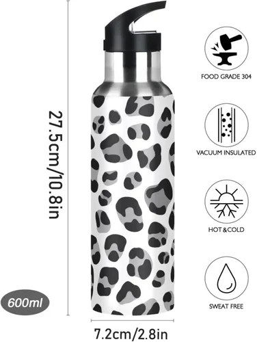 Miniatura 9 de Leopard Print Black Grey White Insulated Stainless Steel Water Bottle with Straw 20 Oz Leakproof Water Bottles, BPA-Free Sport Water Bottle