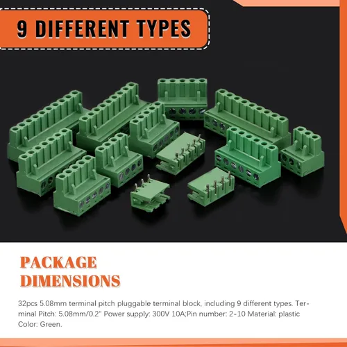 Miniatura 3 de Tanstic 32Sets 0.200 in Paso 2 3 4 5 6 7 8 9 10 Pasadores rectos Montaje en PCB Tornillo Bloque de terminales macho hembra enchufable Bloques