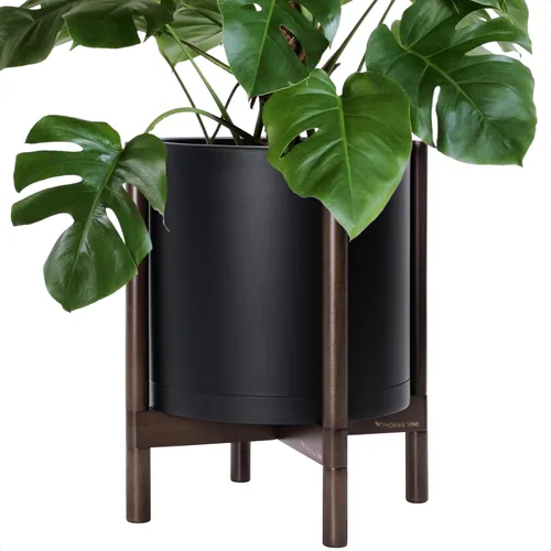 Miniatura 30 de Maceta de D'vine Dev con soporte - Maceta de flores de cilindro de plástico de 8.0 pulgadas con soporte de madera para interiores, maceta mate negra