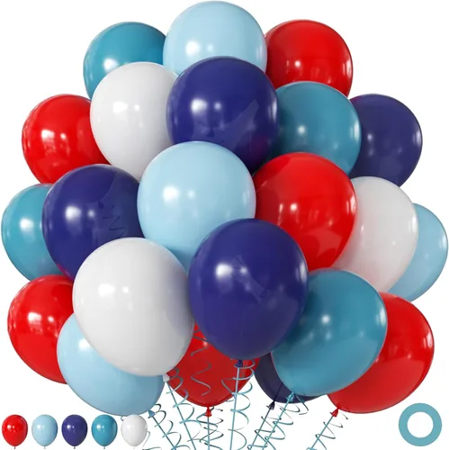 Globos rojos, azules y blancos, 60 globos de 12 pulgadas, color rojo, azul marino, azul claro, azul polvoriento, blanco, para béisbol, fiesta de