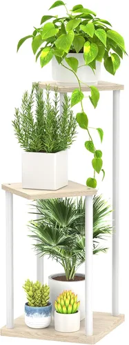 Miniatura 14 de Oppro Soporte para plantas de 3 niveles para interiores, soporte de esquina de metal de madera escalonada, soporte para macetas, estante de madera