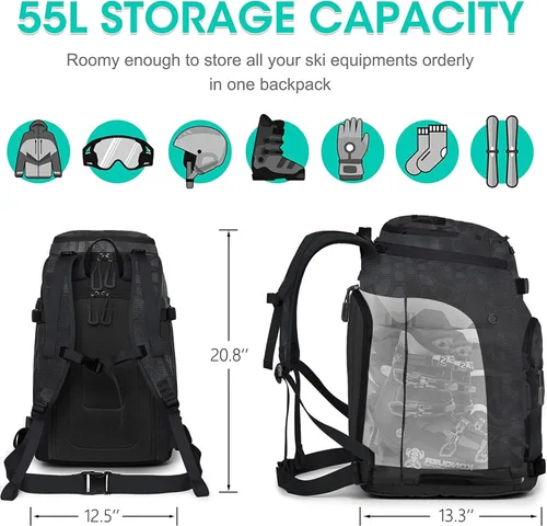 Miniatura 2 de Bolsa para botas de esquí, 55L/70L, impermeable, para esquí y snowboard, mochila de viaje para esquí, snowboard, casco de esquí, gafas, guantes