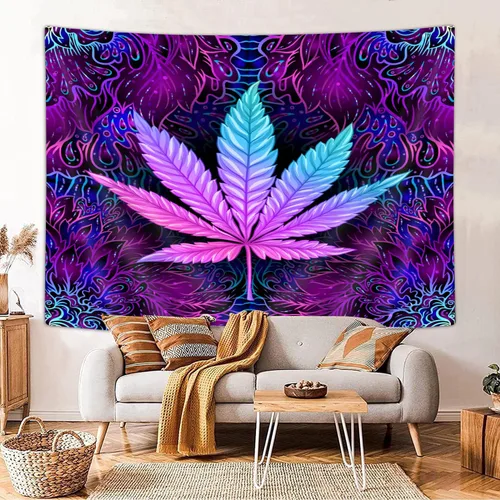 Miniatura 2 de Ptrxobj Tapiz de hojas mágicas, fresco Trippy neón morado teñido anudado, tapiz para colgar en la pared para dormitorio de hombres, tapiz hippie