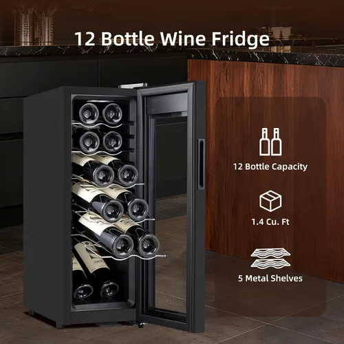 Miniatura 5 de Mini Refrigerador de Vino, Refrigerador Enfriador de Vino de 12 Botellas, Bodega de Vino Independiente para Vino Rojo y Blanco, Control