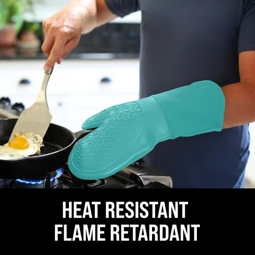 Miniatura 3 de Guantes de horno de silicona con forro de algodón acolchado – profesional resistente al calor olla de cocina soportes – 1 par 2-Turquesa