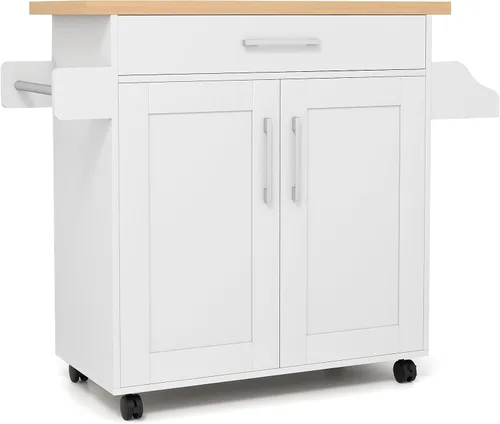 Miniatura 11 de COSTWAY Isla de cocina sobre ruedas, carrito de almacenamiento rodante con gabinete grande, cajón, estante de especias y toallero, utilidad