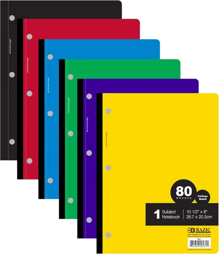 BAZIC Products Cuaderno con rayas universitarias de 1 materia, 80 hojas, cuaderno de composición rayado, colores surtidos, paquete de 6