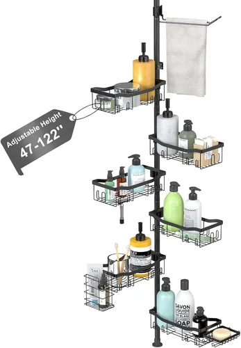Estante organizador de ducha con barra de tensión de 6 niveles, estante organizador de baño, soporte ajustable para champú y bañera con toallero, 2