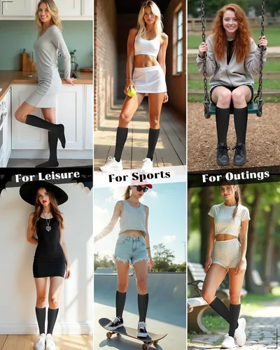 Miniatura 6 de Senker Fashion Calcetines altos hasta la rodilla para mujer, calcetines largos blancos de tubo negro a rayas para botas al aire libre deporte casual