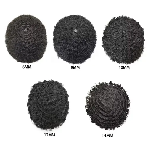 Miniatura 3 de Afro Toupee para hombres negros, rizado afro ondulado, postizo masculino, piel fina, PU negro, para hombre, tupé, reemplazo de cabello humano