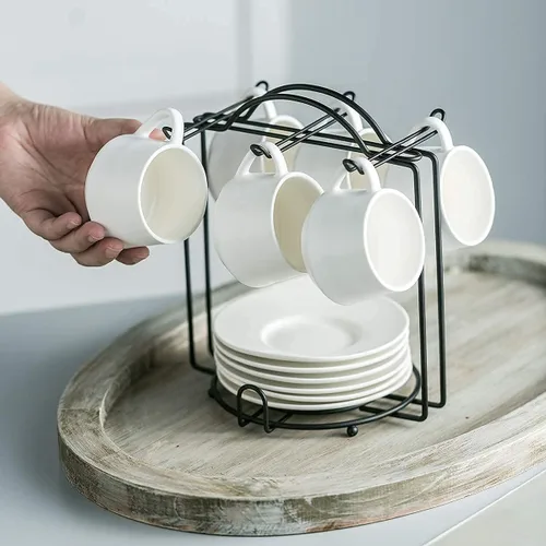 Miniatura 5 de Tazas de café expreso con platillos y soporte de metal, juego de 6 tazas de capuchino de 4 onzas, taza de té para fiesta de té, color blanco