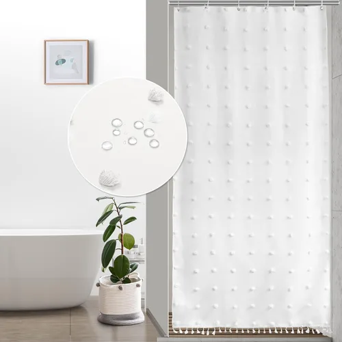 Miniatura 12 de LilyCat Cortina de Ducha de Tela Beige Estilo Boho Granja, 72x72 pulgadas Plisados Acolchados Florales Abullonados con Textura de Borlas, Cortina