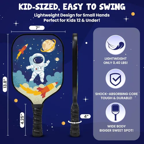 Miniatura 2 de Paleta de pickleball para niños diseñada para edades de 3 a 12 años, fibra de vidrio ligera (0.37 libras), agarre pequeño para un fácil control