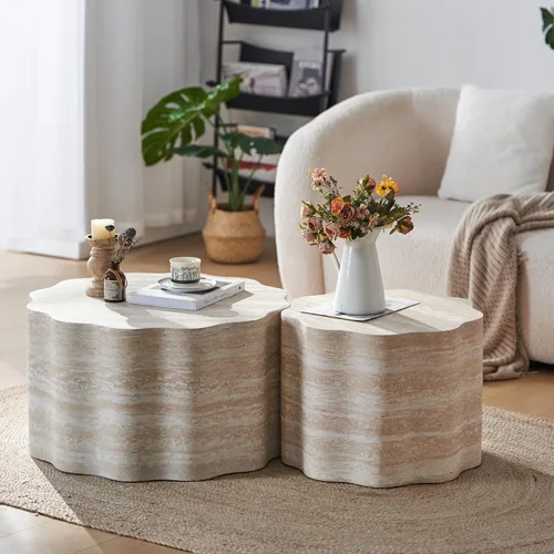 Miniatura 11 de WILLIAMSPACE Juego de 2 mesas auxiliares anidadas, mesas de café redondas de madera color naranja mate, mesas auxiliares modernas de lujo, mesa