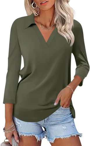 Miniatura 35 de TICTICMISS - Camisas polo de cuello en V para mujer, manga 3/4, con cuello, tops casuales de negocios, tops de verano a la moda, holgados