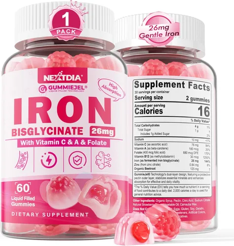 Gomitas de hierro para mujeres y hombres, gomitas de bisglicinato de hierro de 26 mg, más vitamina C, folato, raíz de remolacha, B12 y zinc,