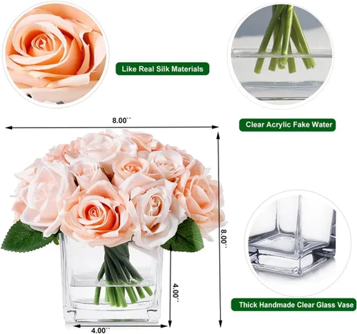 Miniatura 2 de 18 cabezas de rosas de seda en jarrón, arreglo floral artificial en jarrón con agua falsa para decoración del hogar (rosa)