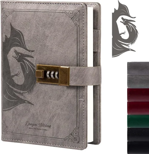 Miniatura 16 de TIEFOSSI Diario de Cuero Dragón, Cuaderno de Tapa Dura, Diario Recargable con Cerradura, Cuadernos de Escritura con Papel Rayado/En Blanco