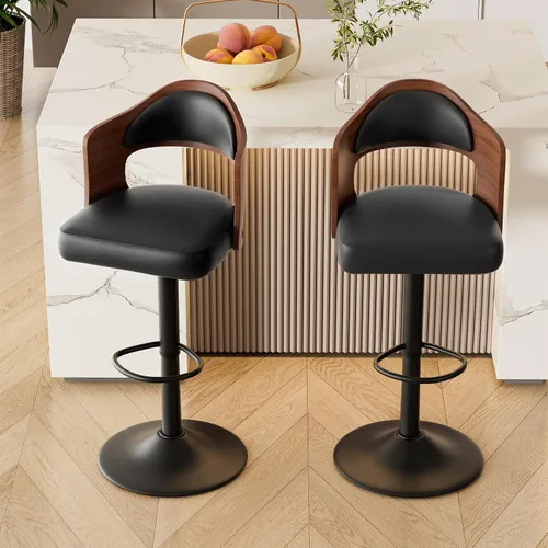 Miniatura 3 de Juego de 2 taburetes de bar giratorios, taburetes de bar de madera tapizados en cuero PU con respaldo y reposapiés, asiento de altura ajustable