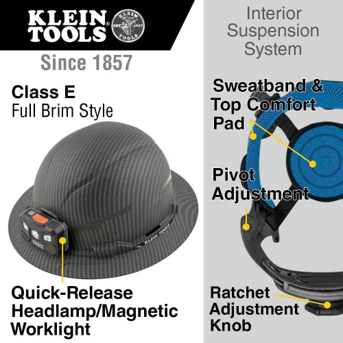 Miniatura 2 de Klein Tools 60346 Casco de seguridad, ala completa sin ventilación, clase E, patrón KARBN premium, lámpara recargable, banda para el sudor acolchada