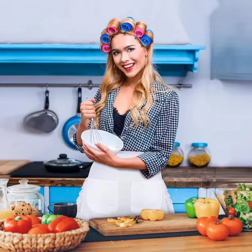 Miniatura 7 de Delantal de cintura blanca con 2 bolsillos, medio delantal blanco para mujer, delantal de camarera para cocina, restaurante, bistró, cafetería