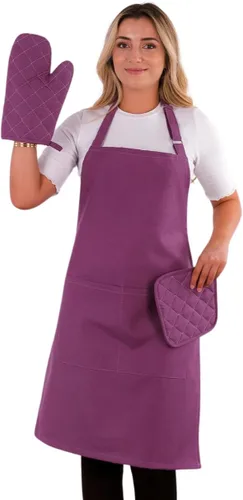 Miniatura 9 de Juego de delantales de 3 piezas; delantal de cocina ajustable, guantes de horno resistentes al calor, soporte para ollas I 482 °F I Delantales
