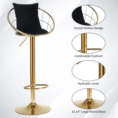 Miniatura 6 de Juego de 2 taburetes de bar giratorios de terciopelo, sillas de bar ajustables con respaldo y reposapiés, silla moderna para isla de cocina
