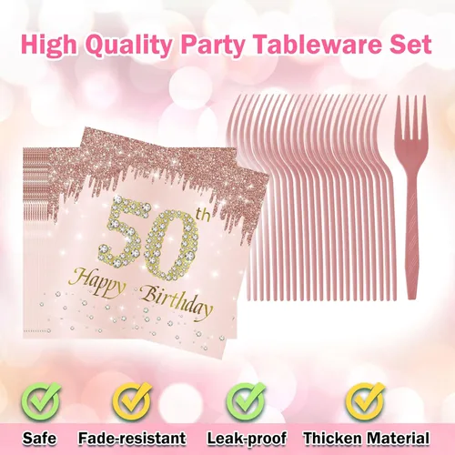 Miniatura 4 de Decoraciones de cumpleaños número 50 para mujer, platos de oro rosa, decoraciones de oro rosa, 96 platos de papel rosa y servilletas para niñas