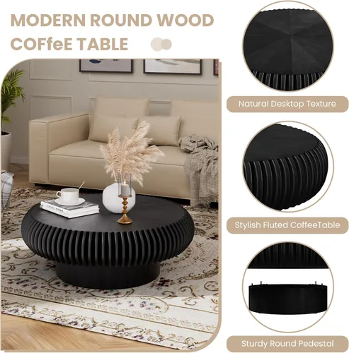 Miniatura 4 de Mesa de centro redonda de tambor estriado para sala de estar, mesas de centro modernas de mediados de siglo con pedestal resistente, mesa de té negro