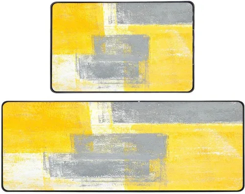 TOMWISH Alfombras y tapetes de cocina antideslizantes, lavables, amarillos, gris y amarillo, pintura de arte abstracto, juego de 2 tapetes para el