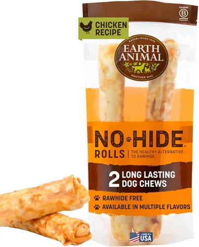 Earth Animal No Hide Chews - Rollos masticables para perros grandes sin cuero crudo de larga duración, pollo - 2 unidades