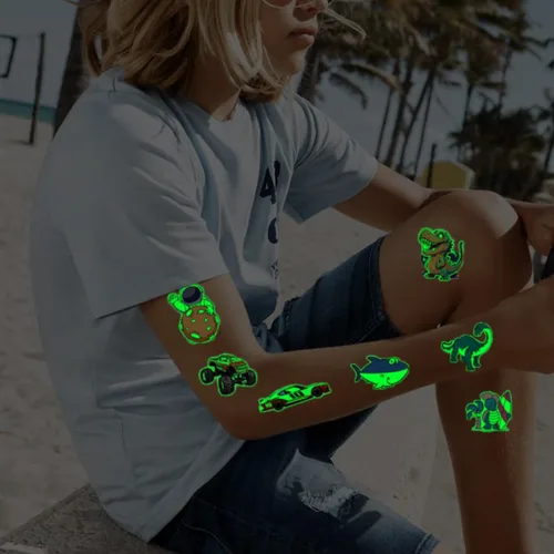 Miniatura 4 de CHARLENT 300 estilos de tatuajes que brillan en la oscuridad para niños, 36 hojas de estilos mixtos, tatuajes temporales luminosos para niños