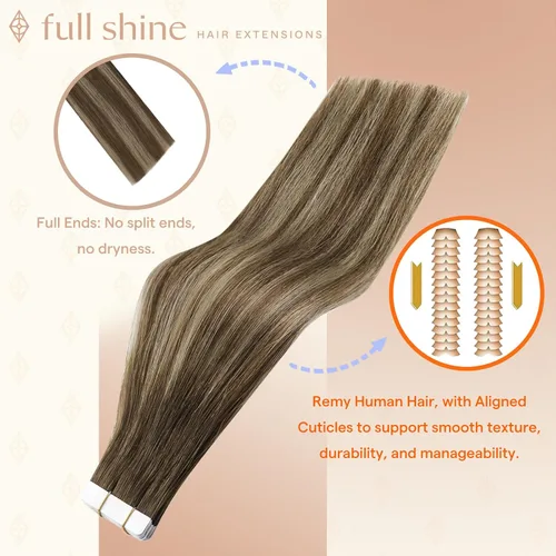 Miniatura 2 de Full Shine - Extensiones de cabello humano real con cinta adhesiva de 18 pulgadas, cabello humano balayage, color 4 que se desvanece a rubio