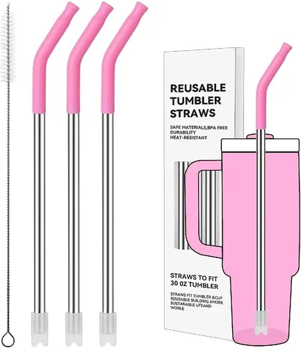 Miniatura 102 de Pajitas de metal rectas para vaso Stanley de 40 onzas, paquete de 3 popotes reutilizables de acero inoxidable con puntas de silicona y cepillo Gris