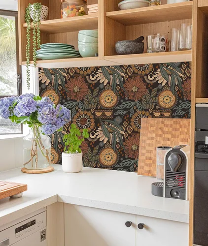 Miniatura 3 de HAOKHOME Papel tapiz para despegar y pegar, floral, bohemio, marrón, melocotón, verde, decoración de pared retro, mural extraíble de baño, 17.3