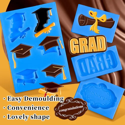 Miniatura 3 de Whaline Paquete de 4 moldes de silicona para fondant de graduación 2026, molde de diploma de felicitaciones, felicitaciones, dulces, chocolate