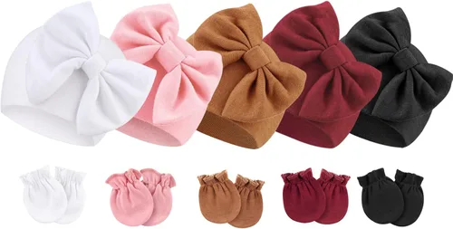BQUBO - Gorras de bebé recién nacidas para niñas conjunto de gorro de hospital con lazo guantes de guante rascador para bebés