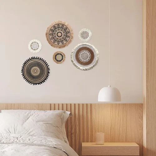 Miniatura 5 de LELE LIFE Juego de 6 decoraciones de pared de yute bohemio, macramé redondo y plano para colgar en la pared, arte de pared de mandala