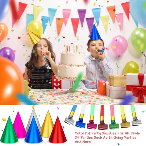 Miniatura 4 de Sotiff Juego de 200 sombreros y sopladores para fiesta de cumpleaños, cono colorido, sombrero metálico de papel de aluminio para niños y adultos