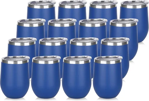 DOMICARE - Juego de 16 vasos de vino de 12 onzas con tapa, hechos de acero inoxidable con aislamiento al vacío de doble pared, color azul oscuro
