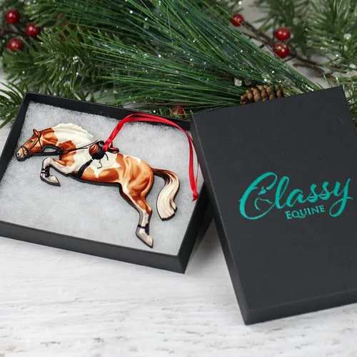 Miniatura 4 de Adorno de Navidad de caballo cazador, decoración de salto de caballo deportivo, regalos de caballo para ecuestre (Tobiano castaño y blanco)
