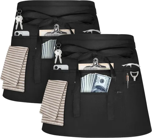 NLUS Paquete de 2 delantales de servidor con 8 bolsillos, medio delantal de cintura resistente al agua para camarero/camarera para mujeres y
