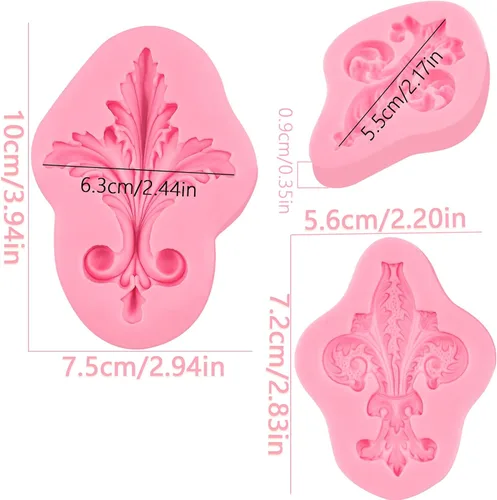 Miniatura 6 de Moldes de fondant de plumas barrocos en relieve, 3 piezas, moldes de silicona de chocolate con pergamino europeo para cupcakes, pasta de flores