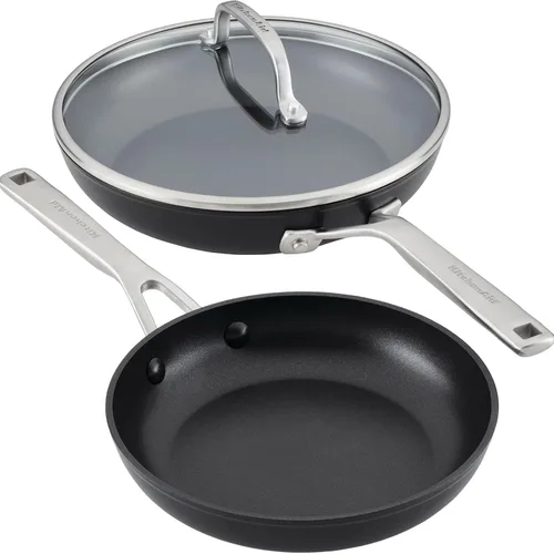Miniatura 8 de KitchenAid Juego de sartenes antiadherentes de inducción anodizada dura con tapa, 3 piezas, sartenes de 8 y 10 pulgadas, duraderas, de calefacción