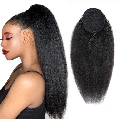 Miniatura 11 de Extensión de cola de caballo con cordón, cabello humano afro rizado para mujeres negras, extensiones de cabello virgen brasileño Remy Yaki