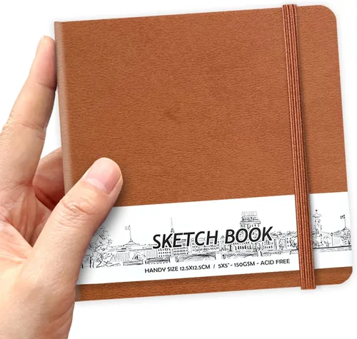 Miniatura 22 de Cuaderno de bocetos de bolsillo cuadrado de tapa dura de cuero PU de 5" x 5", 58 hojas de papel beige Dowling de 150 GSM, libro de bocetos de arte